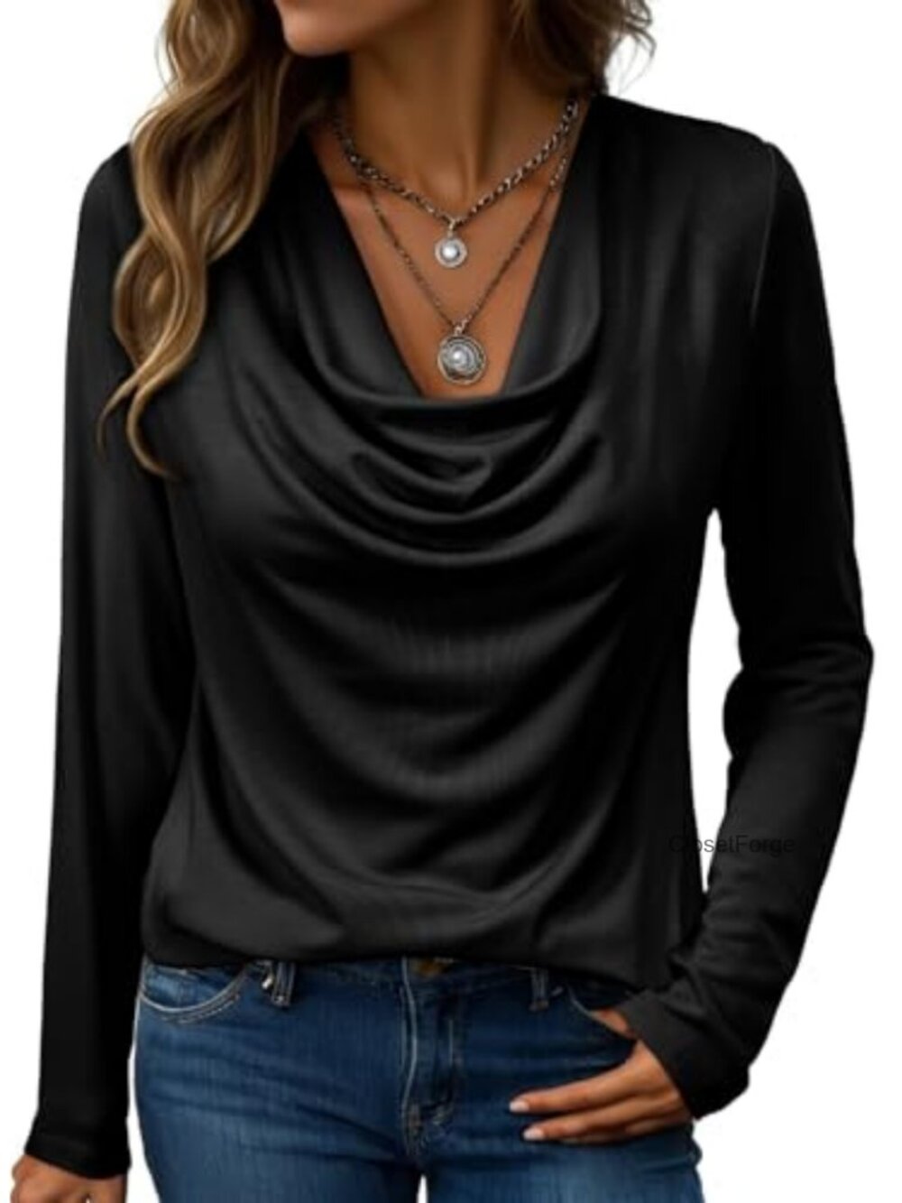 Cowl Neck Long Sleeve Tunic Top Loose Fit Polyester Pullover Blouse